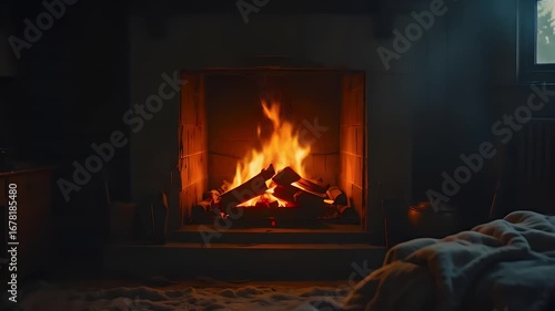 Cozy fireplace burning bright in dark room