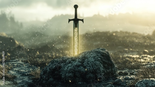 Illuminated blade entrenched in rock a legendary weapon in a mystical realm landscape