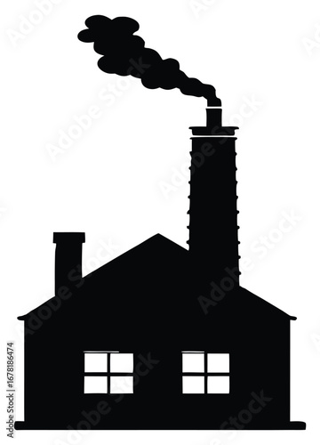 Silhouette of industrial building with chimney and smoke on white background