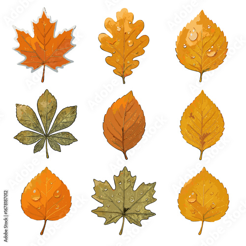 Maple foliage vector morning autumn icon damp chestnut leaf wet oak aspen