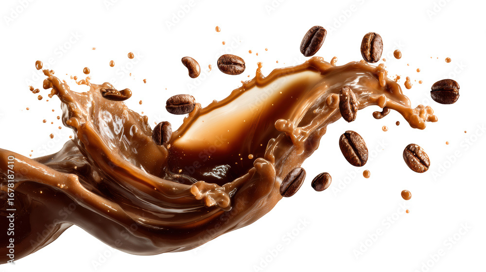 Fototapeta premium Liquid chocolate splash with coffee beans on a black background.