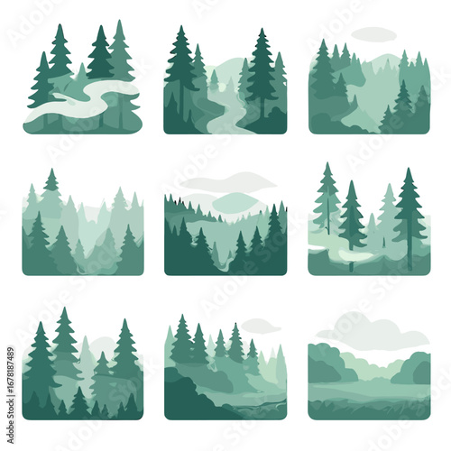 Forest icons conifers morning through field foggy thin pale icon vector pine