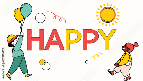 Joyful Children Celebrate Happy: Vibrant Cartoon Style Illustration Featuring Two Kids, Balloons, and a Sunny Day, Perfect for Positive and Upbeat Projects.