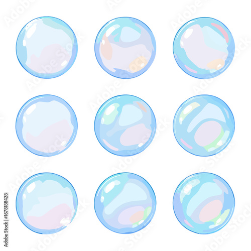 Delicate vector bubbles transparent shimmering orbs film icon circles colorful glossy soap