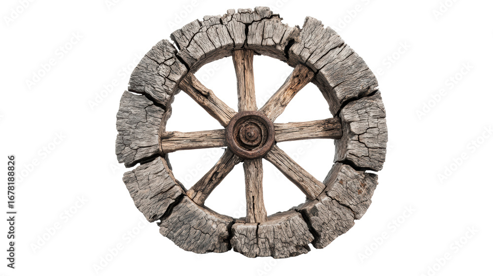 Obraz premium Old wooden cart wheel on a white isolated background.