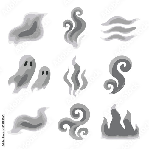 Mysterious ghostly tendrils shapes fog phantom curls icons eerie spirals haze icon