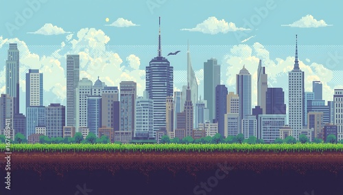 Vibrant Pixel Art Cityscape with Skyscrapers and Game Level Ground