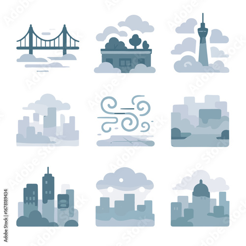 Icon urban silhouette plaza skyscraper skyline diffuse cloudy fog vector