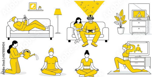 Enjoying leisure time at home with yoga, video games, and relaxing on the couch with family