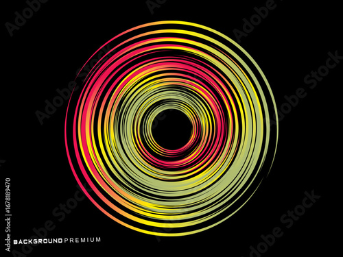 Vector background of rotating elliptical 3D shapes, consisting of a pattern of squares and wavy lines with colorful gradations.	