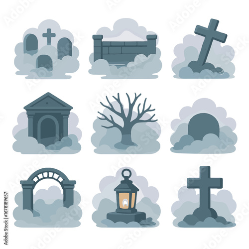 Icons icon tomb mausoleum haze crooked vector arch mound misty lantern graveyard