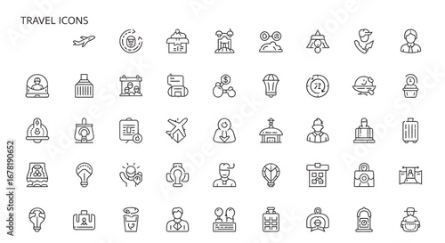 Collection of travel themed outline symbols representing different modes of transport and tourist attractions on white, offering a clean and modern aesthetic.