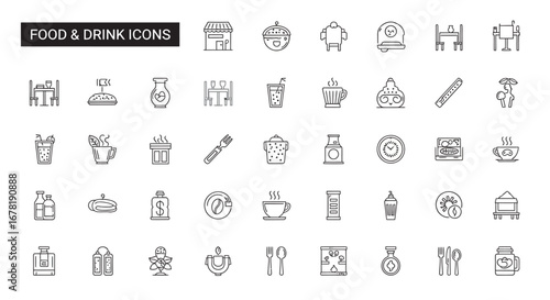 Collection of outline food and drink symbols arranged neatly on white surface representing diverse culinary options and beverage choices for menus and websites.
