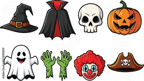 Cartoon Halloween Illustrations Featuring a Witch Hat Ghost and Pumpkin