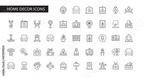 Collection of home decor elements displayed as line art on a white surface showcasing various furniture and decorative objects with a minimalist aesthetic.