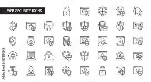 Thin line style web security elements representing data protection and online safety against cyber threats on a clean white backdrop.