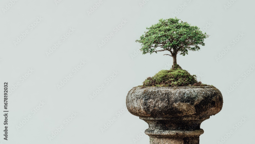 Fototapeta premium Small bonsai tree in weathered pot atop a column