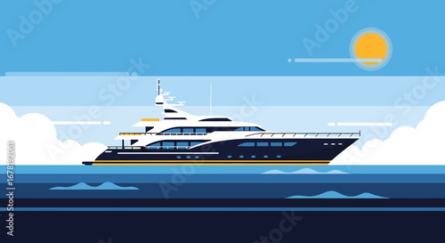 A sleek, dark-hulled yacht glides across calm blue waters under a bright sun. Fluffy white clouds dot the horizon, reflecting the serene sky.