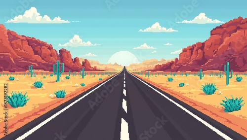Pixel Art Desert Highway Landscape with Distant Mountains and Cacti