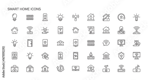 Smart home automation devices and systems representing modern living and technology in a simple line art style, conveying innovation and convenience.