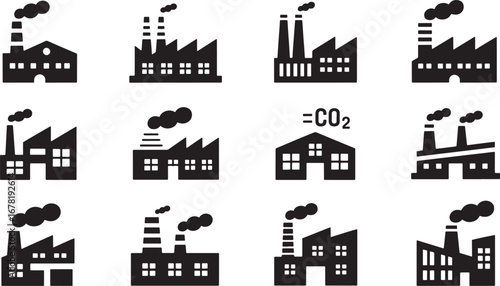 Collection of Factory Icons Depicting Industrial Pollution and Environmental Concerns