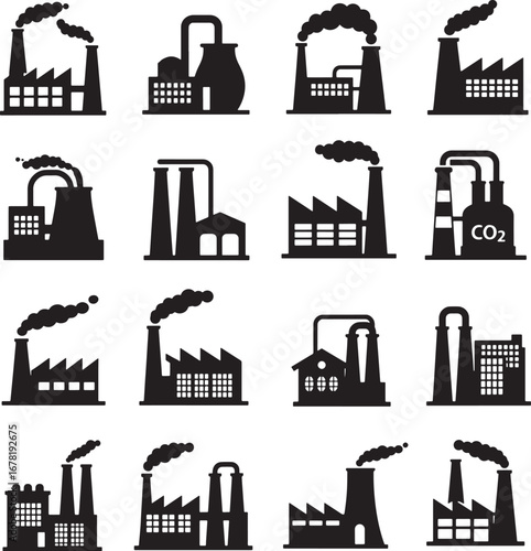 Vector illustration set of black industrial factory icons. A collection of plant and refinery silhouettes with chimneys emitting smoke for pollution concepts