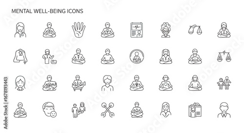 Collection of mental health symbols representing various aspects of wellbeing and mindfulness on a clean white backdrop, promoting serenity and calm.