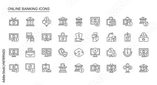 Online banking symbols representing financial transactions and security measures in a clean, minimalist style, suitable for web and app interfaces.