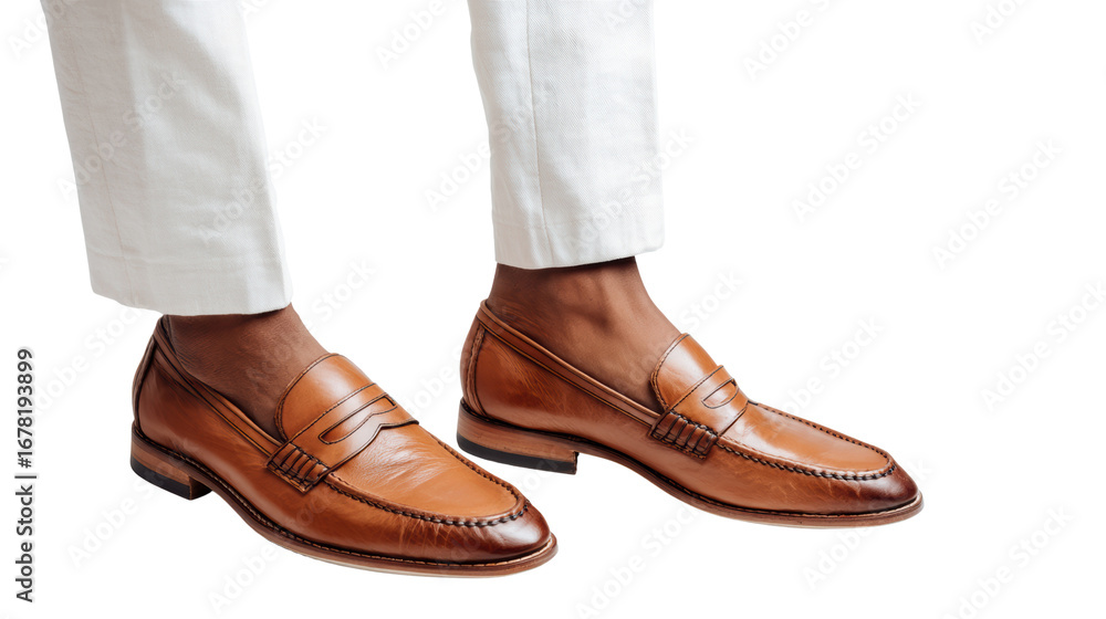Stylish brown leather loafers worn with white trousers on an isolated background. Stylish brown leather loafers worn with white trousers on an isolated background.