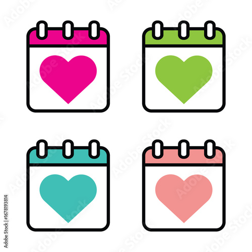 Four colorful calendar icons with hearts date reminder