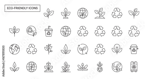 Ecofriendly symbols representing sustainability and environmental awareness arranged on a white surface, promoting a message of conservation and responsibility.