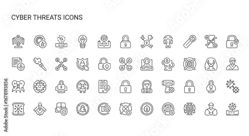 Cybersecurity threats presented as line art showing various security risks and data breaches on a white backdrop, emphasizing digital vulnerability.