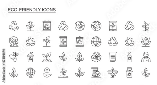 Collection of ecofriendly line art symbols representing environmental sustainability and conservation on a white backdrop, promoting a green lifestyle.