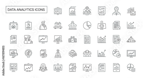 Data analytics symbols representing information processing and statistical analysis on a white backdrop, conveying a sense of precision and technological advancement.