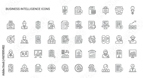 Line art collection represents business intelligence concepts with data analysis and strategic planning for modern corporate solutions.
