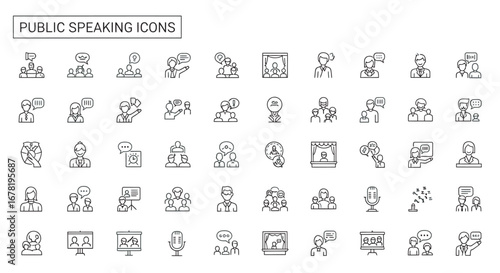 Line art depicts public speaking scenarios, showcasing communication skills and presentation techniques in a professional setting, emphasizing clarity and confidence.