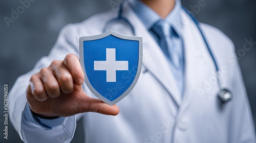 Medical professional holds a protective shield.