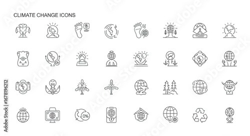 Thin line climate change symbols depicting global warming and environmental issues on white, representing urgent need for action.