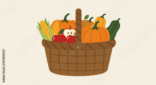 A basket filled with autumnal harvest pumpkins apples corn squash