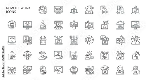 Line art showing remote work and online communication with people connecting through technology for business and lifestyle in modern era.