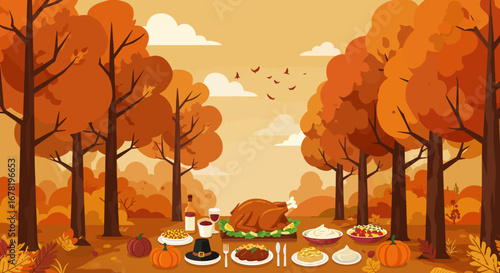 A cartoon feast is spread in an autumn forest setting with trees food birds