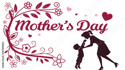 Mother's Day:  Elegant maroon floral design, loving mother and child silhouette, celebratory, heartwarming, perfect for cards, banners, and social media.
