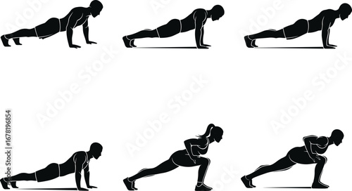 Pushup variations, plank positions, strength training poses, home bodyweight exercise, fitness silhouette set, workout routine design, flat vector illustration