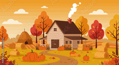 A countryside scene with a house pumpkins hay bales trees and a warm autumn palette
