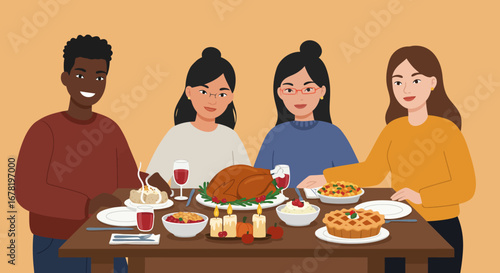 A group of four people are sitting around a table with Thanksgiving dinner