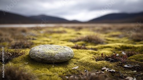 A gray stone rests on a bed of moss.