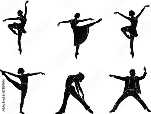 Ballet dancer and male dancer silhouette set, elegant poses, dance movement, performing arts, graceful motion, flat vector illustration, isolated design