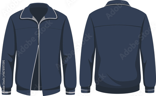 Navy blue casual jacket front and back technical fashion vector illustration with zipper, high collar, stripe cuffs, and elastic waistband design