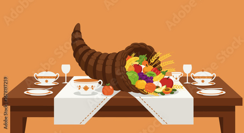 A horn of plenty spilling fruit and vegetables on a table with place settings