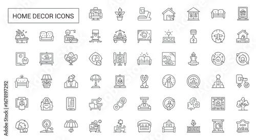Various home decor elements arranged in neat rows representing interior design concepts against a white backdrop, conveying simplicity and modern aesthetics.